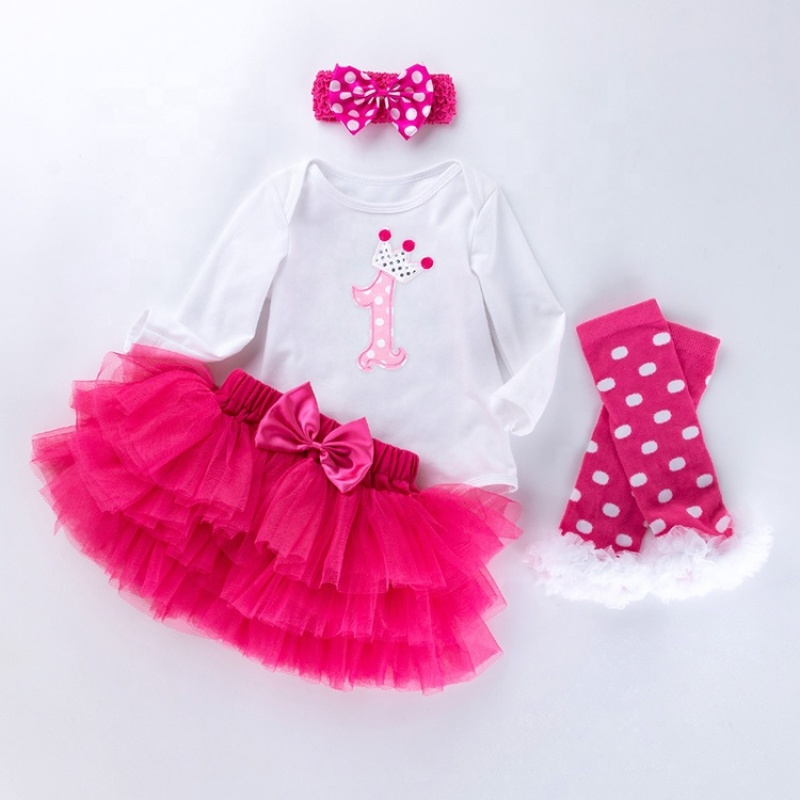 New Arrival Cotton Baby Girl Birthday Bodysuit With Tutu Skirts And Leg Warmer And Headband 