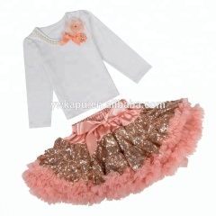 Wholesale children's boutique clothing flower decorate long sleeve top match sequin tutu skirt girl outfit