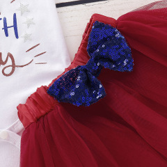 Hot Sale Pretty 4th Of July Baby Toddlers Short Sleeve Romper And Red Dresses With Sequin Bow