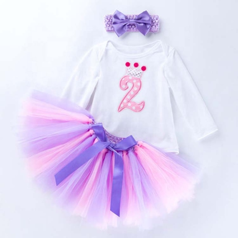 Wholesale Baby Girl Long Sleeve Birthday Romper With Tulle Skirts And Headband Set