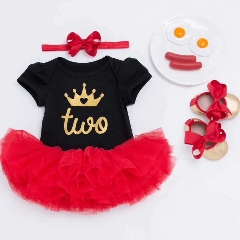 New Infant Boutique Cotton Girl Birthday Dresses With Baby Shoes And Headband 