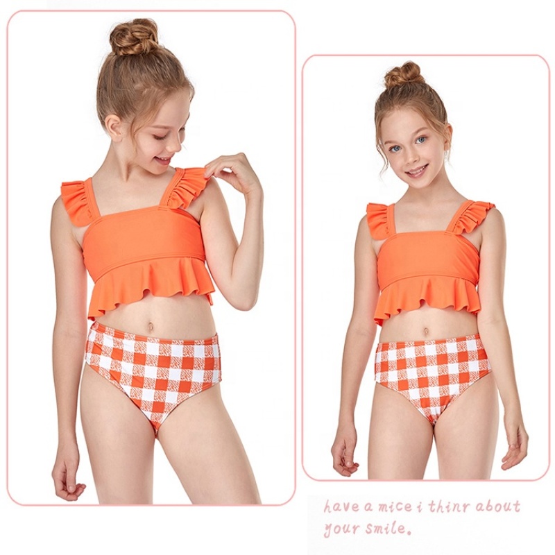 2021 blue red oranje ruffle high waist swimsuit two piece plaid bikini