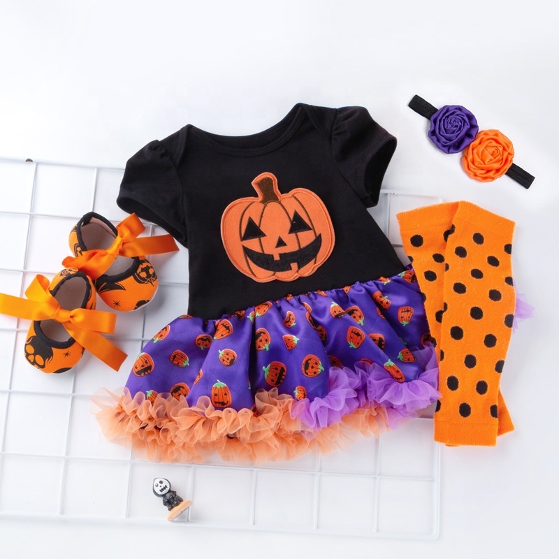 Halloween boutique luxury creative puff sleeve tutu skirt tulle baby girl clothing set