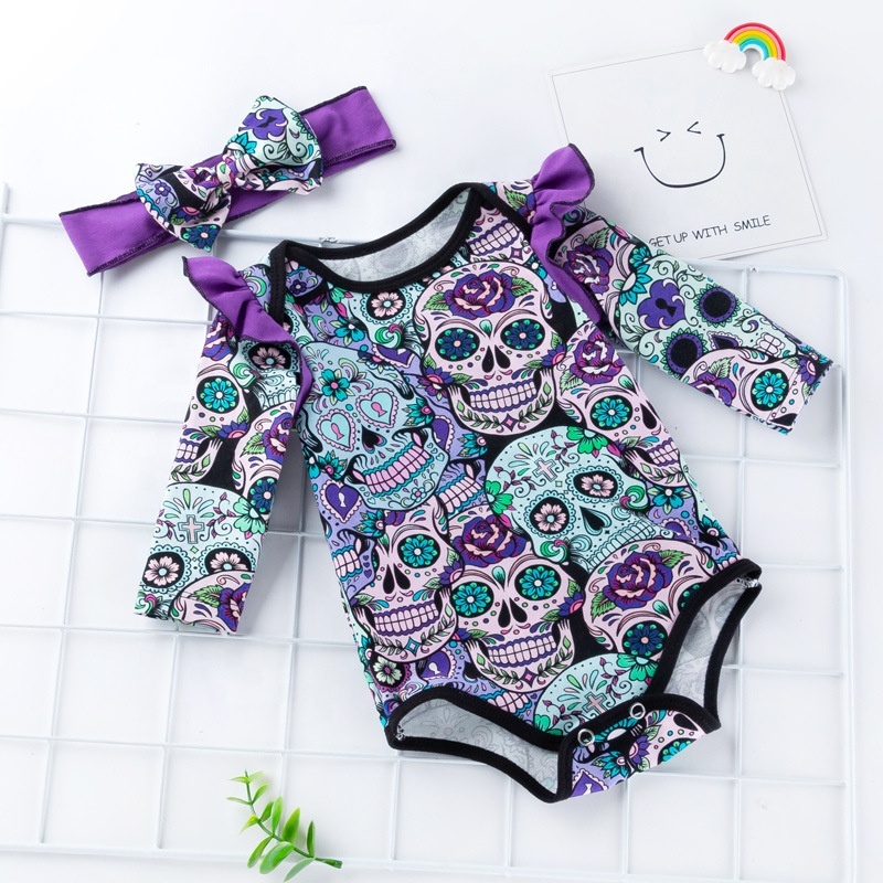 New arrival bone cotton printed trendy punk long sleeve halloween romper