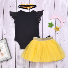 Wholesale Organic Cotton Knitted Sunflower Pattern Romper And Skirts With Headband Set
