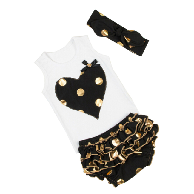 Gold Polka Dots Baby Girl Tee Top Outfit With Ruffle Bloomer And Headband 