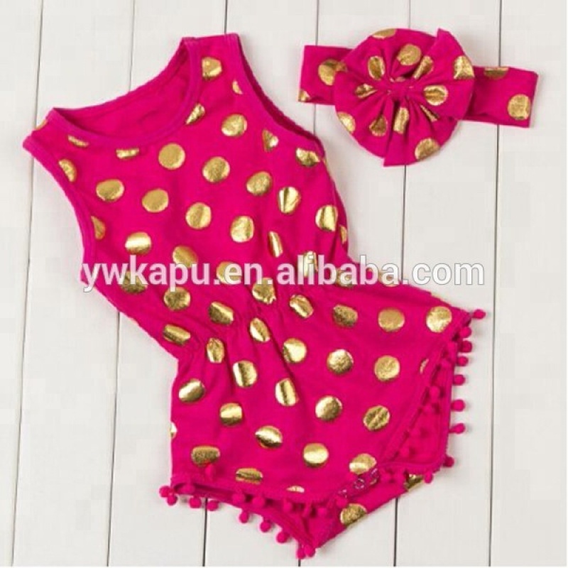 New designs popular romper gold dot cotton jumpsuit kids clothes wholesale cotton pompom bodysuit for baby girls with bows