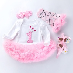 Wholesale Newborn Baby Girl Birthday Clothing Set Romper With Leg Warmer And Baby Shoes And Headband