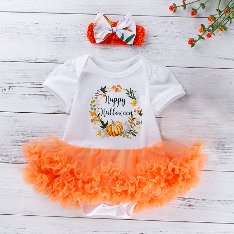 Hot selling orange puff sleeve white baby tutu pettiskirt dress new born gift set