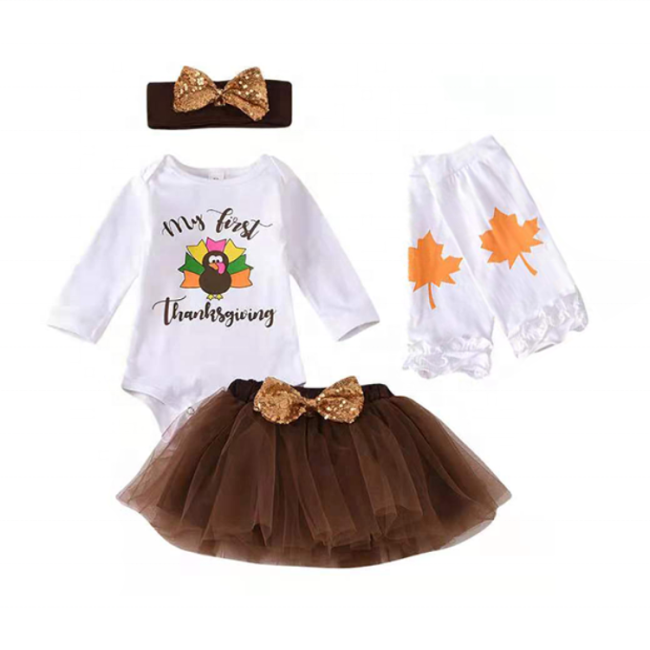 Thanksgiving day baby headband leg warmers long sleeve romper cotton tutu dresses set