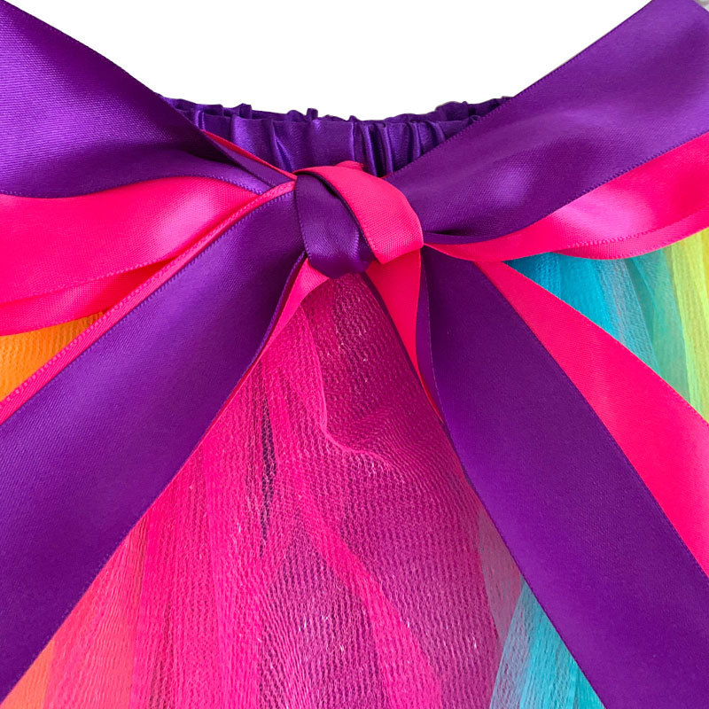 Hot Sale Multicolor Birthday Dance Tulle Rainbow Ribbon Bow Baby Girls TUTU Skirts