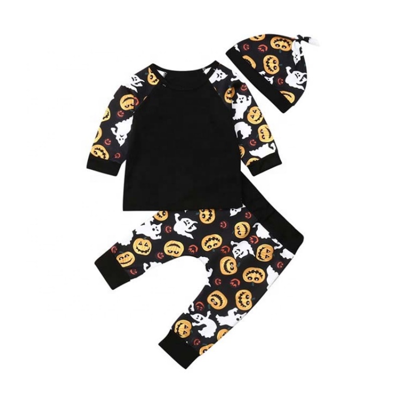 Manufacture halloween kids clothes 3pcs cartoon printed rompers hat clothing sets