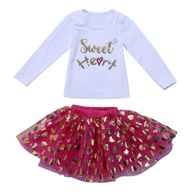 Kids Girls Tutu Skirt Spring Sets with Printed White T-shirt Top