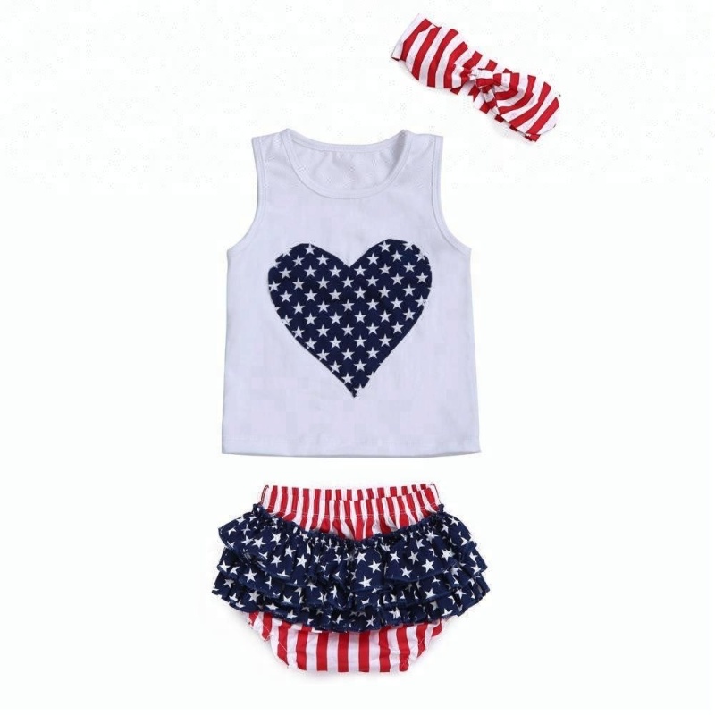2018 Newest design patriotic high quality sleeveless top and ruffle bloomers 4th of July baby girl outfit