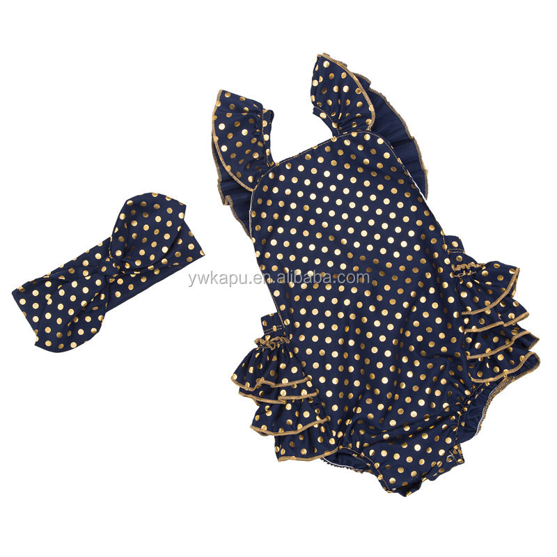 Fancy baby gold polka dot romper kids summer clothes seaside bella romper with headband