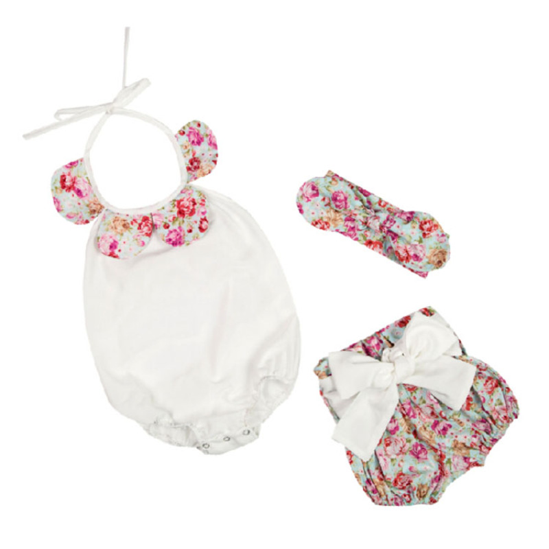 High Quality Infant Vintage Floral Summer 3 Pcs Kids Newborn Baby Clothing Set With Headband