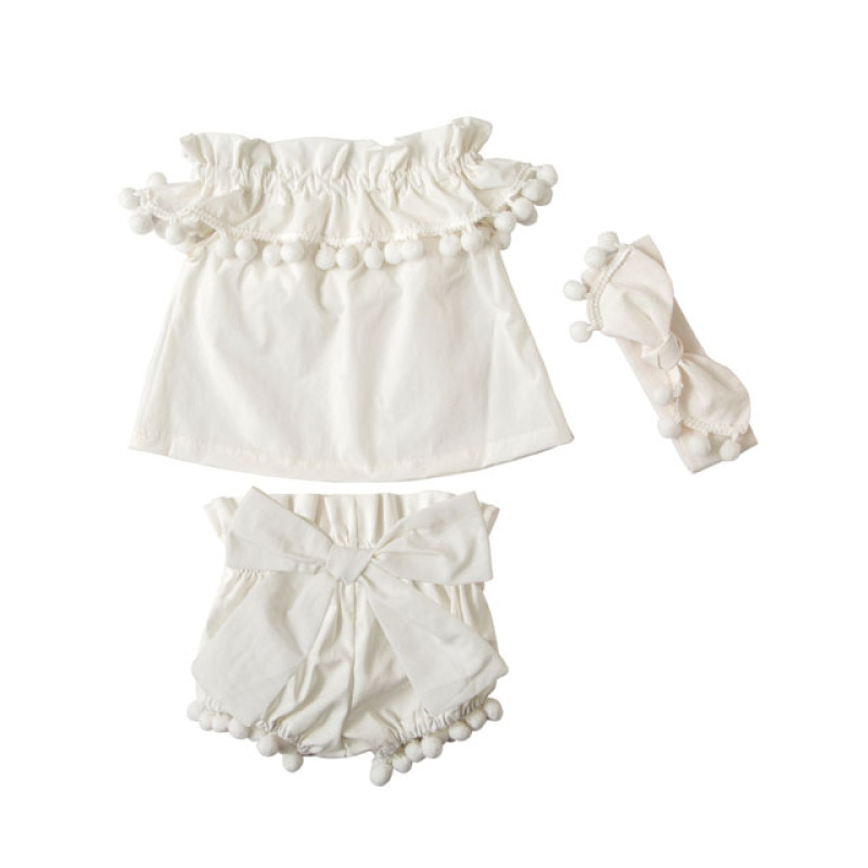 Factory Direct Sale Baby Girl Off Shoulder Pompom Clothes Sets Outfits For Summer