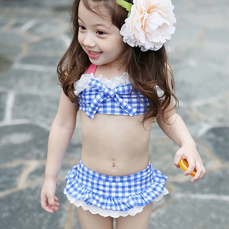 New style children plaid front tie seersucker swimsuit bucket hat bikini