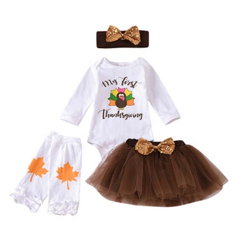 2021 thanksgiving day sequin bow headband mesh skirt romper girl babies clothing sets