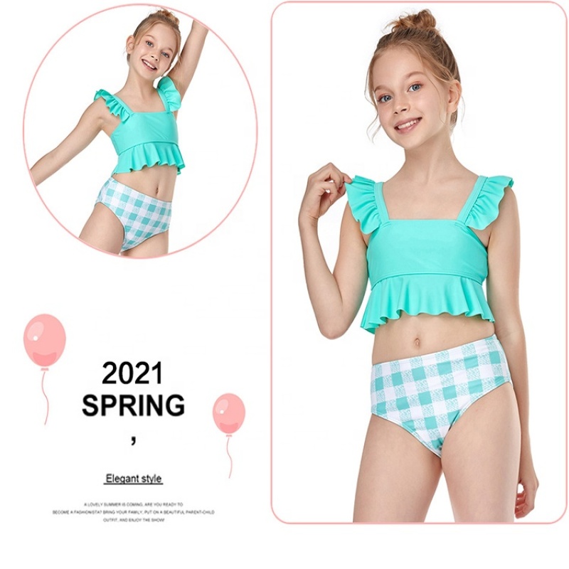 2021 blue red oranje ruffle high waist swimsuit two piece plaid bikini