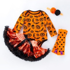 2021 long sleeve pumpkin printing toddler romper tutu skirt dress kids boutique clothing set