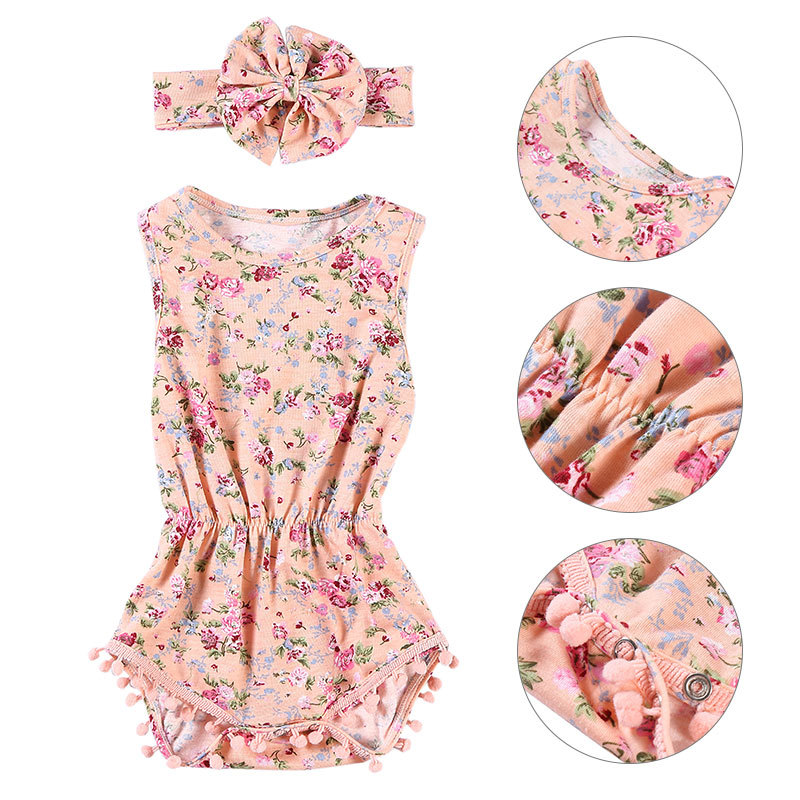 Wholesale  ruffle pompom romper with flower  headband sets fancy baby girl romper outfits