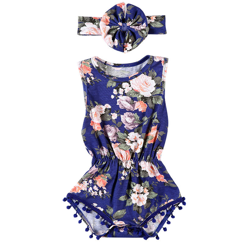 Wholesale  ruffle pompom romper with flower  headband sets fancy baby girl romper outfits