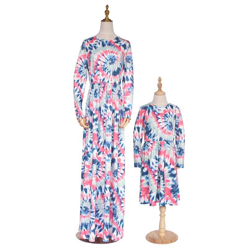 Wholesale price mommy and me tie dye fall elegant long sleeve maxi dress