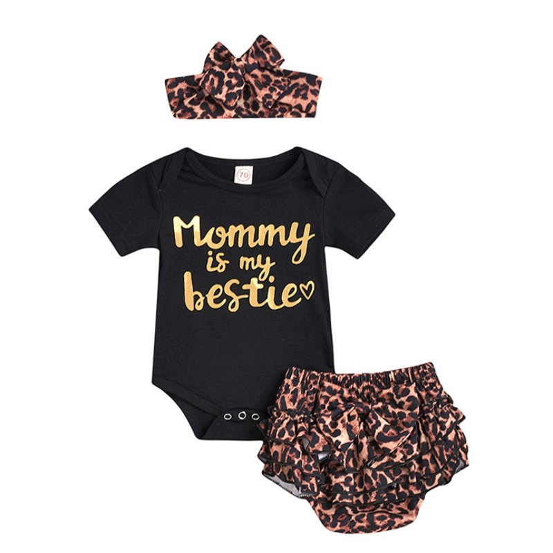 Wholesale Soft Children Boutique Cotton Romper With Leopard Bloomer And Headband Sets