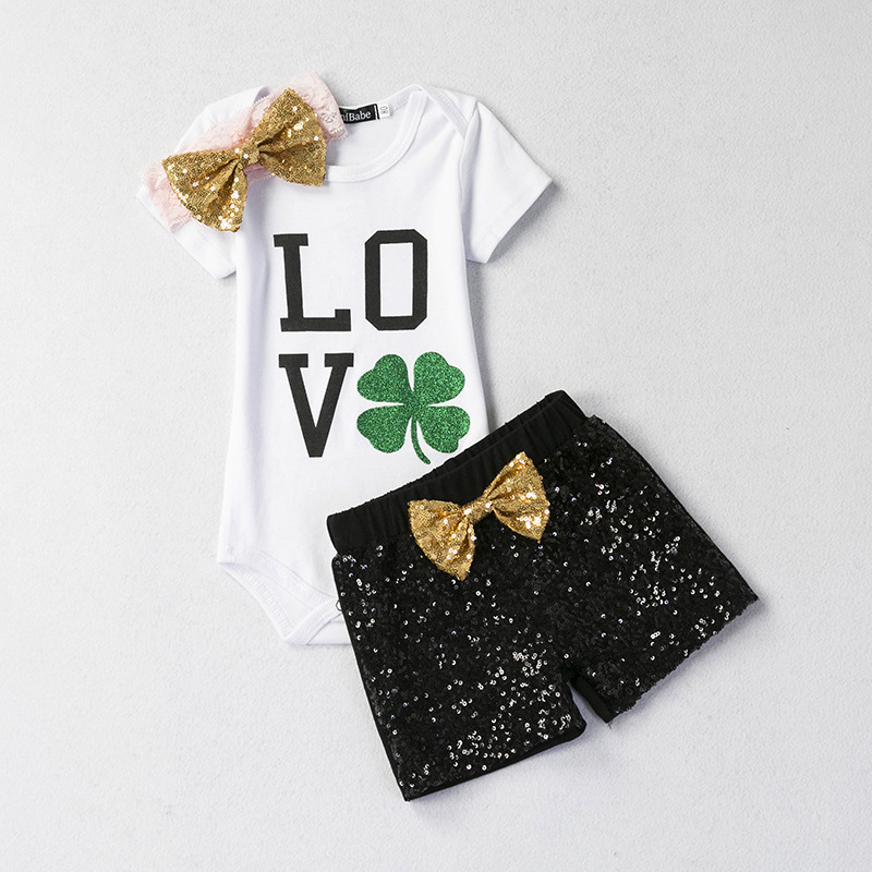 Wholesale Custom Stylish Baby Girls Letters Printed Top With Sequin Shorts Set