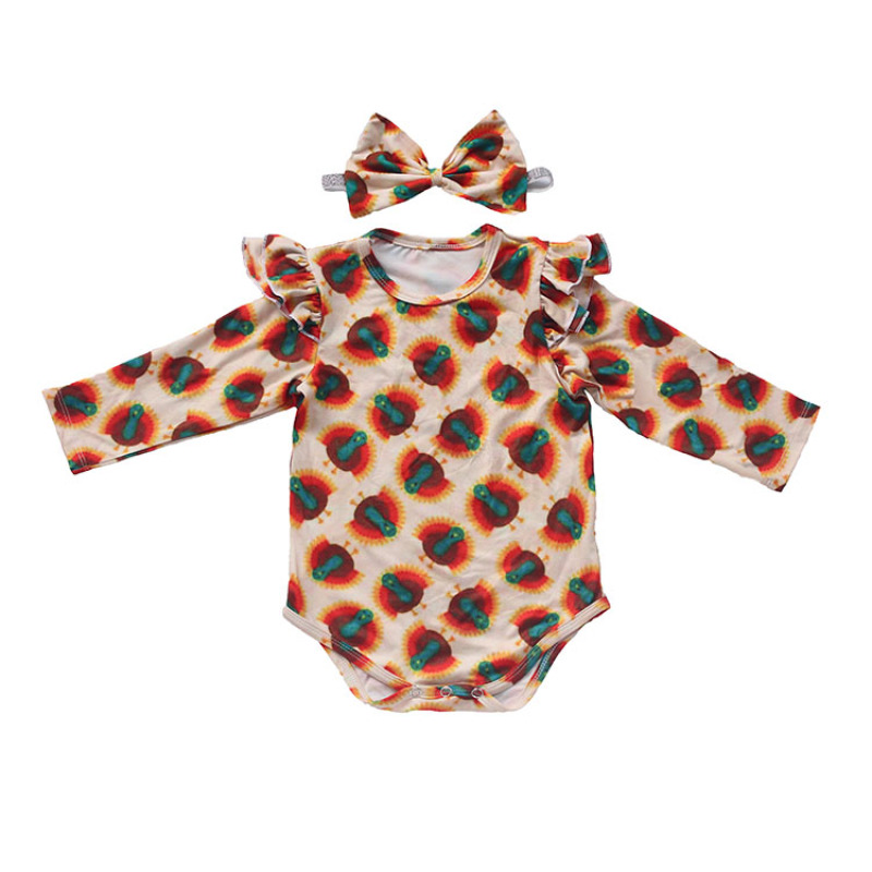 Toddler fall rainbow long sleeves  knit floral Christmas thanks giving baby girl's romper with headband