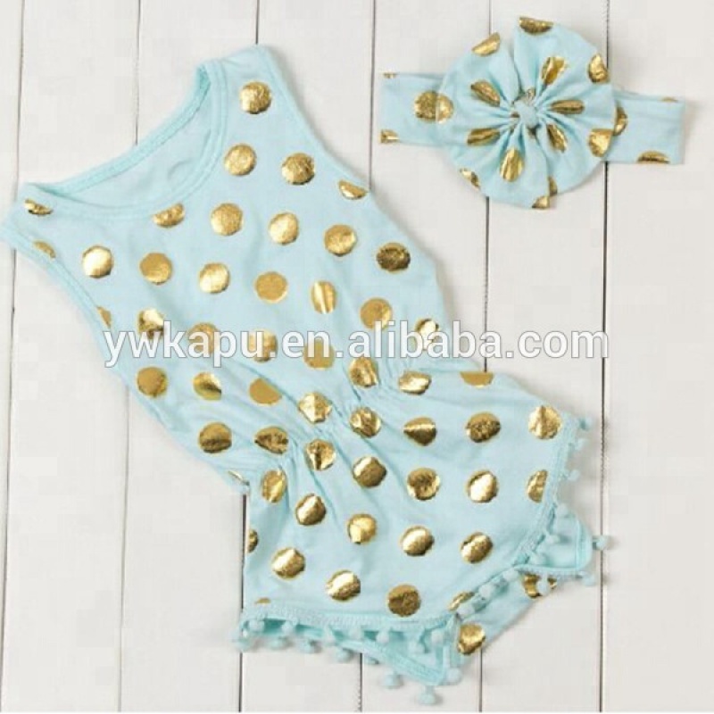 New designs popular romper gold dot cotton jumpsuit kids clothes wholesale cotton pompom bodysuit for baby girls with bows