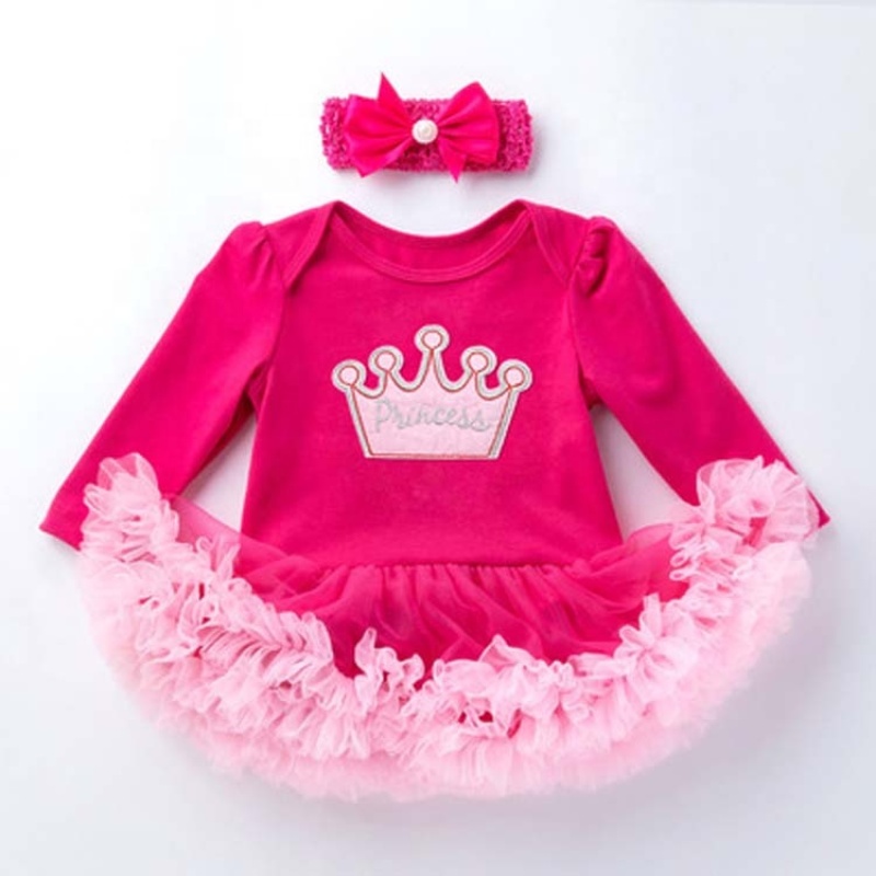 Hot Sale Long Sleeve Newborn Baby Girl Birthday Party Dress With Headband 