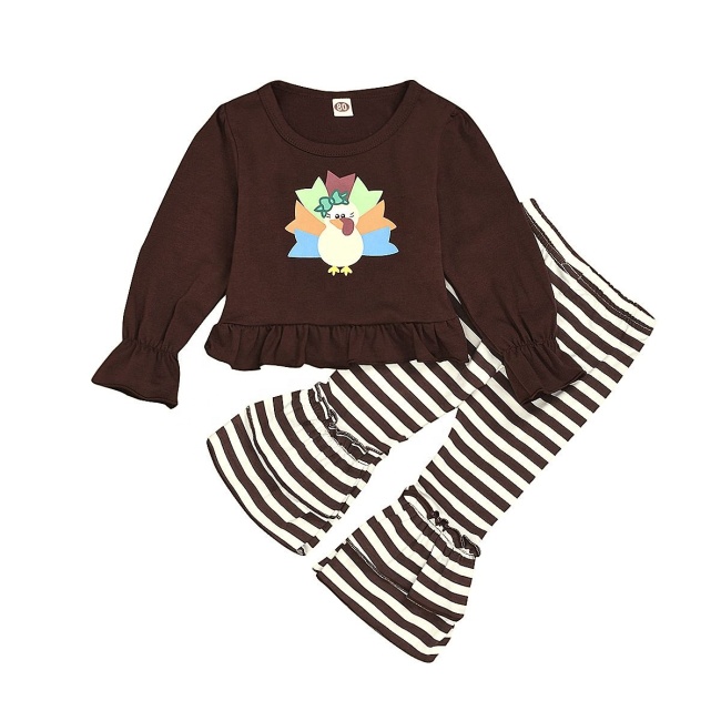 Wholesale thanksgiving cute trendy designer turkey cartoon flares shirts baby clothing sets