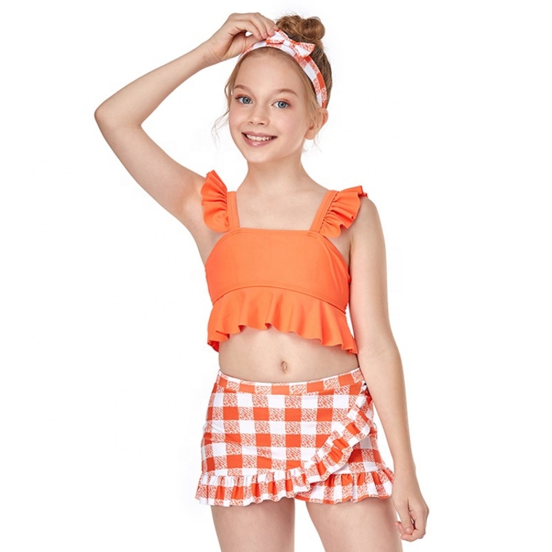 Top selling fashion ruffle print kids designer two piece swimsuit custom girls