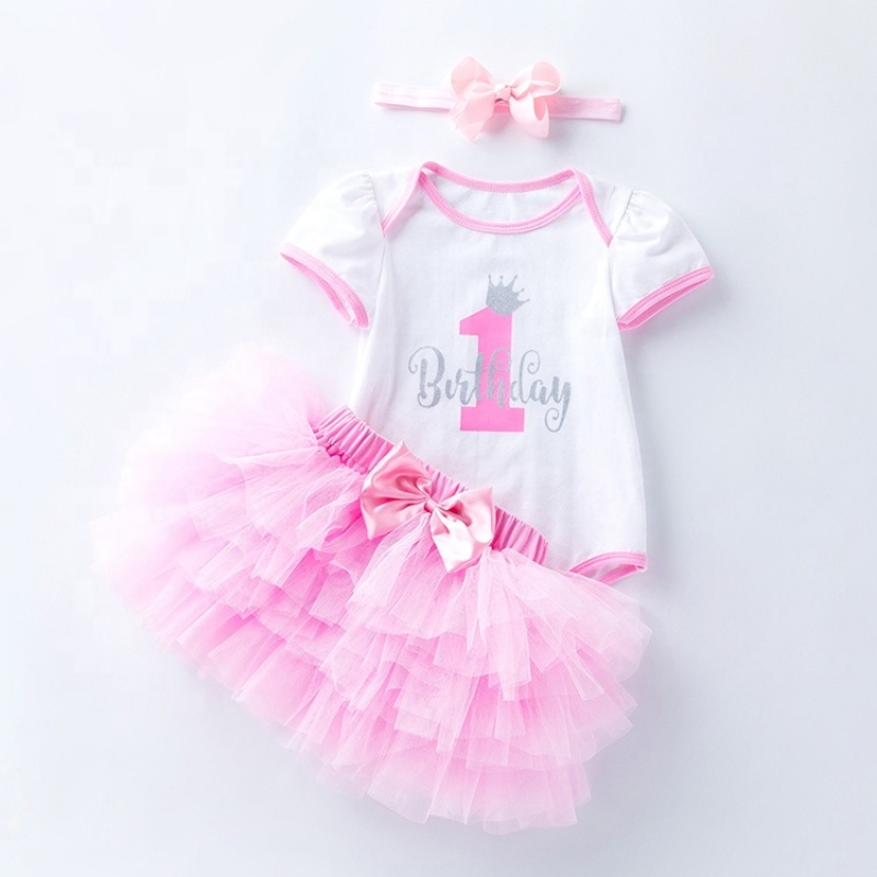 Wholesale Short Sleeve Baby Birthday Romper Set With Headband 
