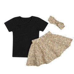 Baby Girls Clothes Set Short Sleeve Top Leopard Skirts Outfit Set With Headband