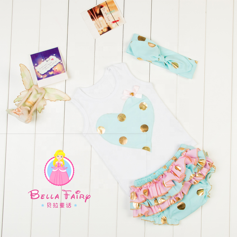Boutique Children's Clothing Baby Girls Gold Polka Dot Cotton Ruffle Tee Shirt Match Shorts Outfits