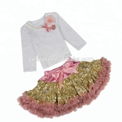 Wholesale children's boutique clothing flower decorate long sleeve top match sequin tutu skirt girl outfit