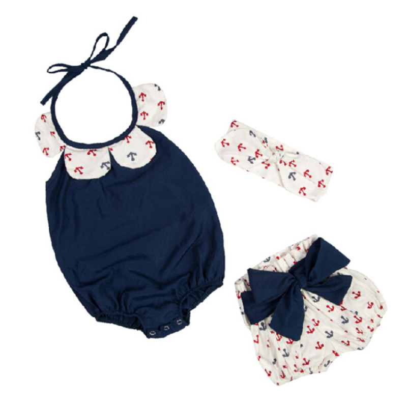 High Quality Infant Vintage Floral Summer 3 Pcs Kids Newborn Baby Clothing Set With Headband