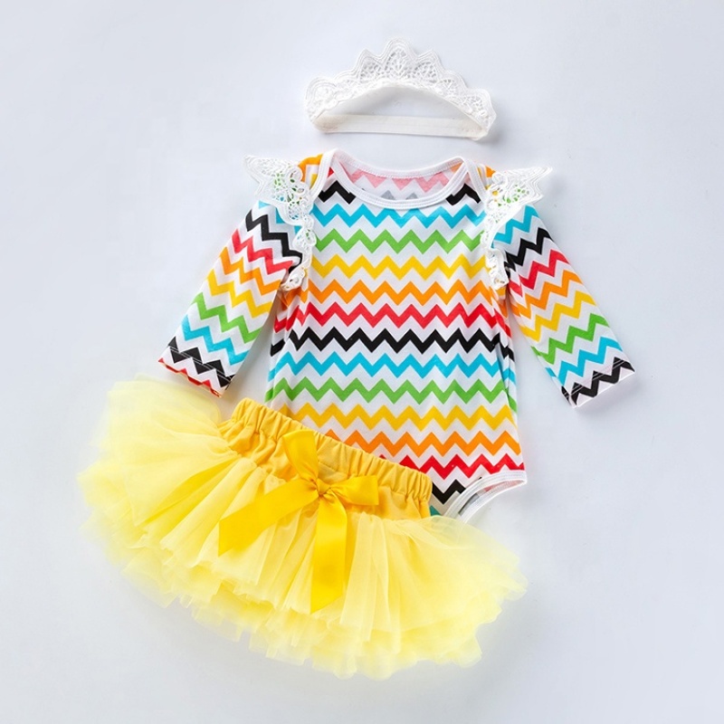 Boutique Chevron Baby Girl Lace Romper With Yellow Tutu Skirts And Headband 