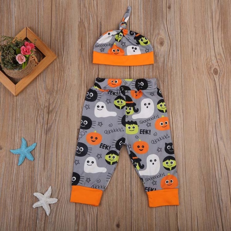 Manufacture halloween kids clothes 3pcs cartoon printed rompers hat clothing sets