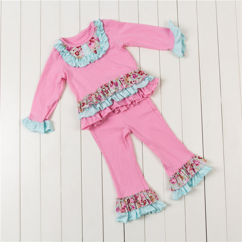 Boutique Girls Fall Clothes Outfits Set Long Sleeve Ruffle Top With Long Trim Pants
