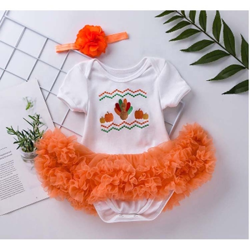 Factory thanksgiving day baby clothing headband cartoon embroidery dress infants clothes sets