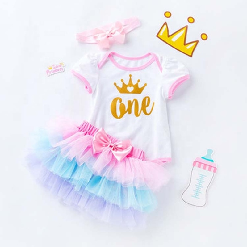 Factory Sale Kids Birthday Romper With Rainbow Tutu Skirts And Headband 