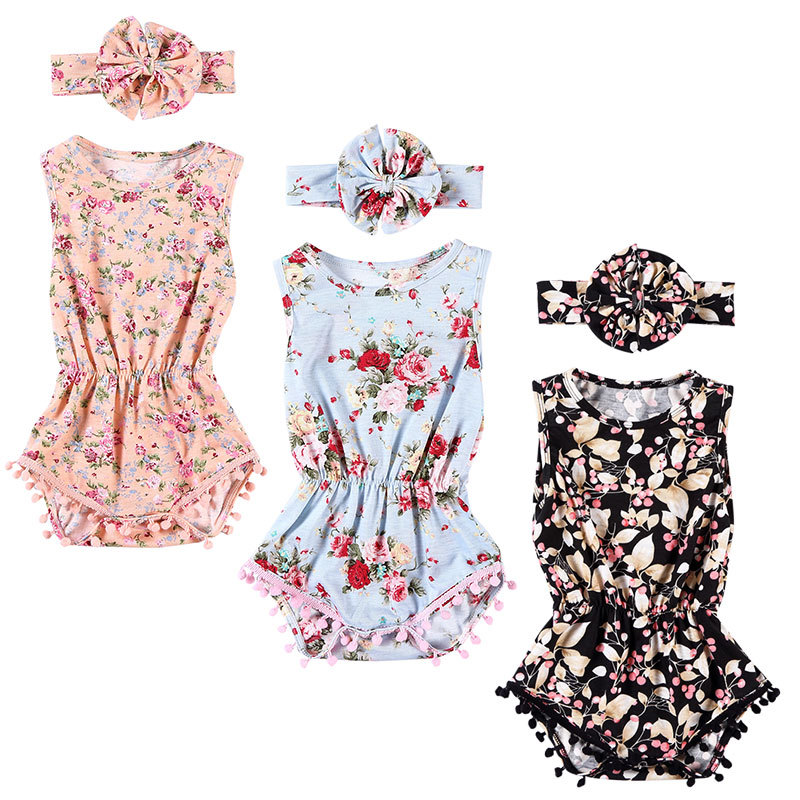 Wholesale  ruffle pompom romper with flower  headband sets fancy baby girl romper outfits
