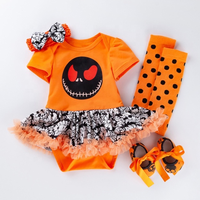 Cheap pumpkin orange puff sleeve halloween baby tutu dresses set