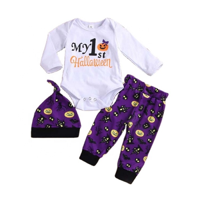 Promotion halloween high quality purple cartoon bat baby boutique clothing