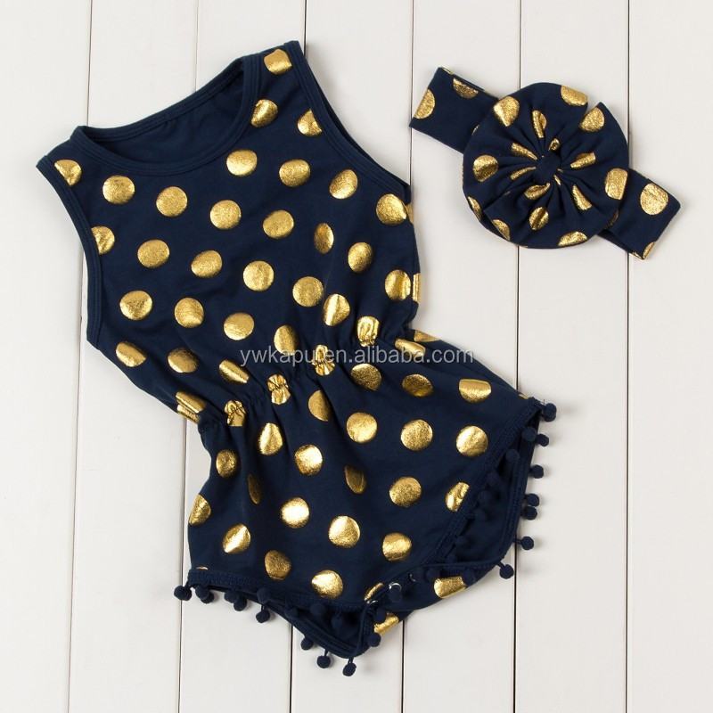 2018 Baby boutique clothes Hot stamping polka dot romper baby girl bodysuit pompom romper