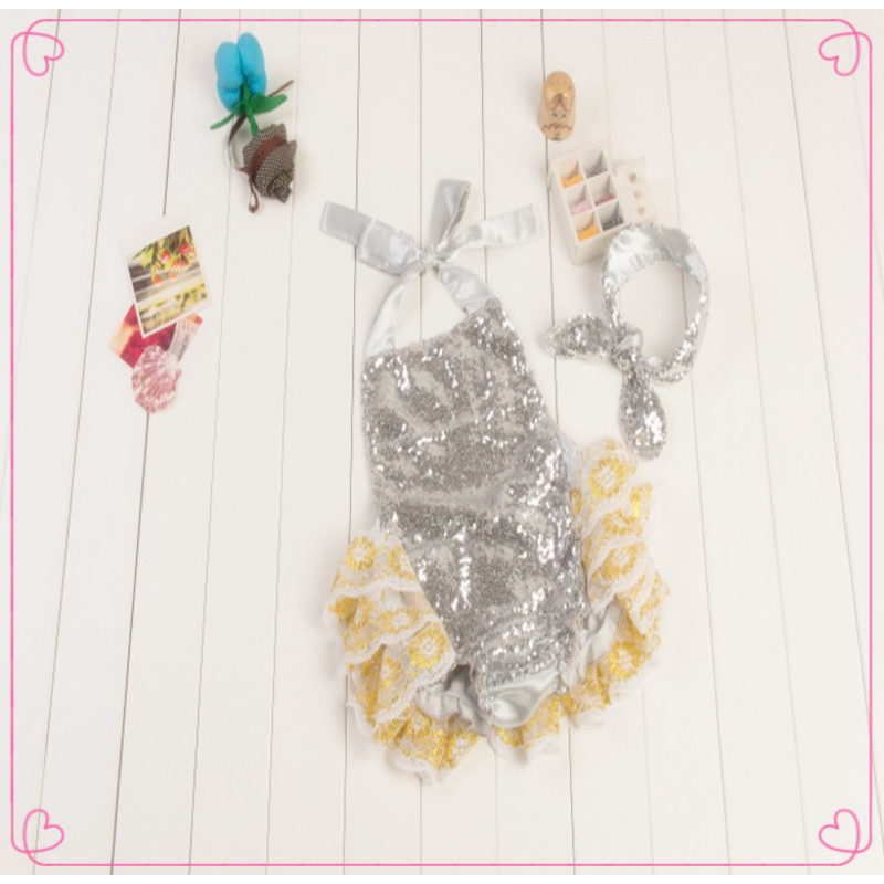 Kids Girls One Piece Children Swimsuit With Lace Kids Sleeveless Ruffle Gold Sequin Romper